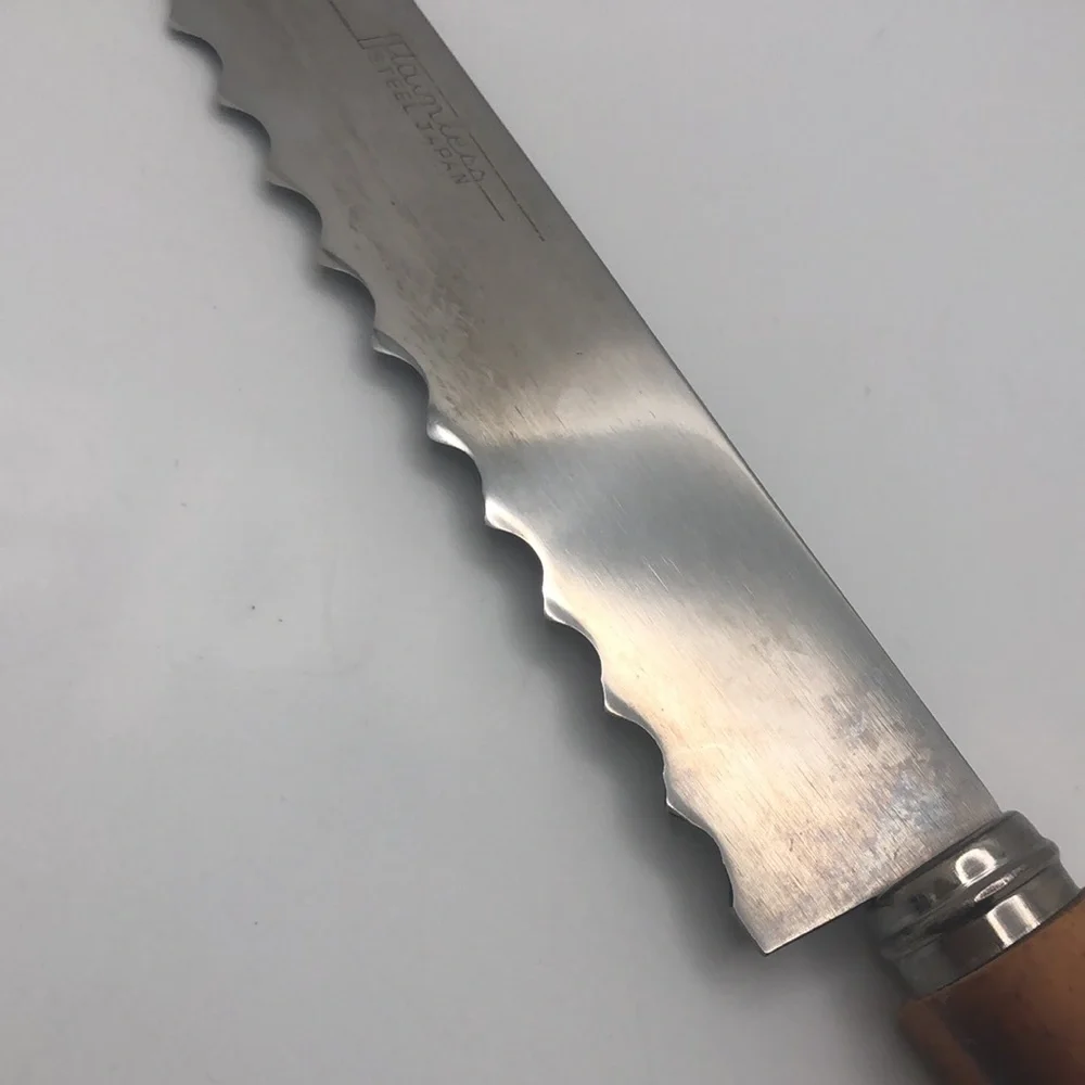 Vintage Japan Bread Knife Bamboo Cane Handle Stainless Steel Serrated 12